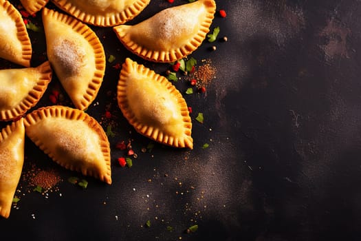 Golden baked empanadas on dark surface with spices scattered around.