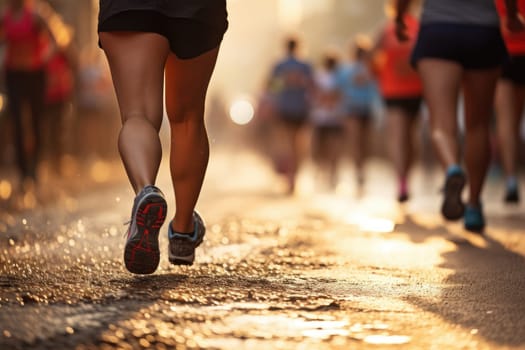 Marathon running in the light of evening, running on city road detail on legs, Athletes.