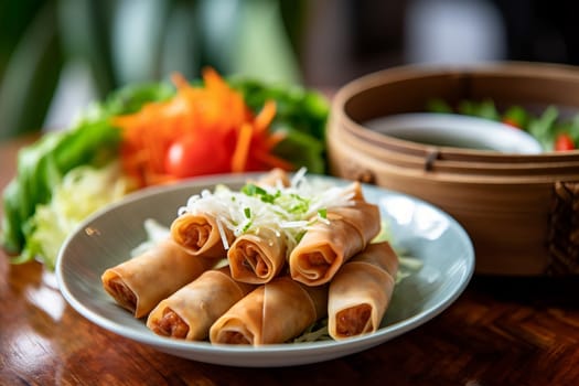 Delicious fried spring rolls served with fresh vegetables and dipping sauce.