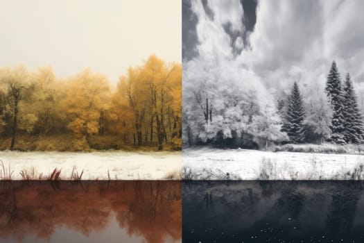 Abstract collage with mixed different sides of tree with changing seasons, Summer vs Winter.