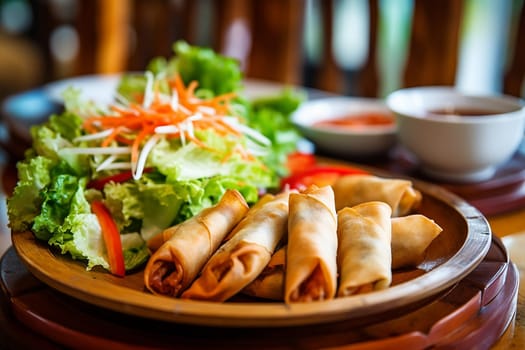 Fresh spring rolls with salad on a wooden plate beside dipping sauces.