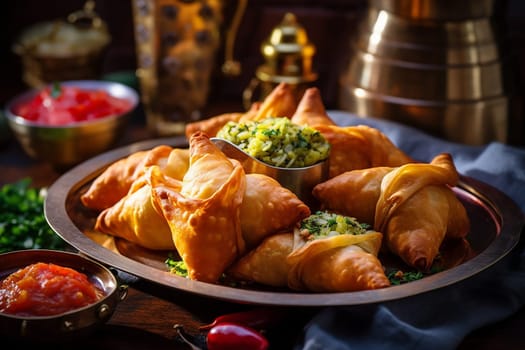 Assorted savory pastries on a copper plate with dips and a lantern.
