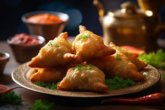 Golden-brown samosas garnished with herbs on a plate.