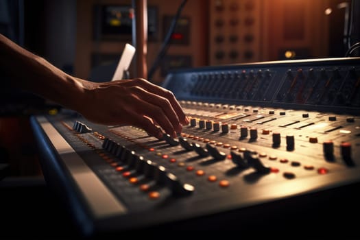 Close up of person hand on sound mixing console, buttons on audio mixer, AI Generative.