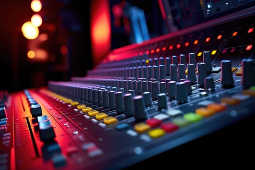 Close up of person hand on sound mixing console, buttons on audio mixer, AI Generative.