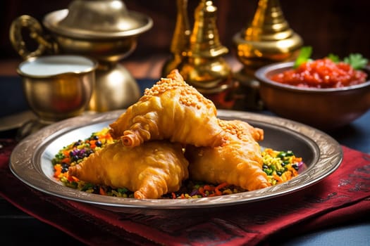 Golden samosas on bed of colourful rice with traditional accompaniments.