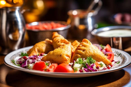 Traditional Indian samosas served with fresh salad and sauce.