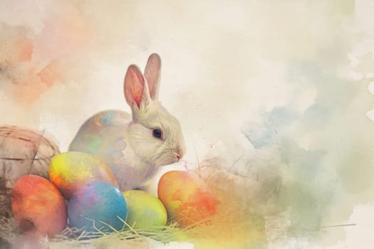 Adorable Easter Bunny With Easter Eggs, colorful Easter eggs, banner and wallpaper, watercolor.