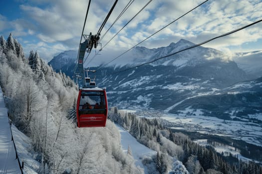 Cable Car way to snowy mountains with beautiful view from the top.