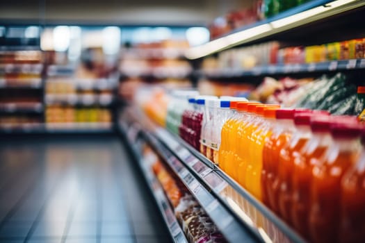Abstract blurred supermarket shopping mall, supermarket aisle with colorful shelves, AI Generative.