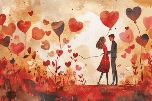 Valentine's Day banner with a watercolor style backdrop with adorable couples and heart balloons.