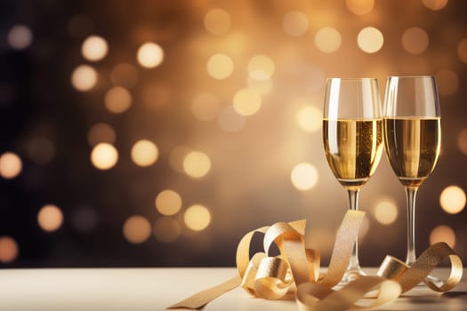 Two glasses of champagne with elegantly curved divine gift ribbon, bokeh background, AI Generative.