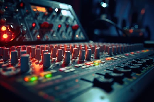 Close up of person hand on sound mixing console, buttons on audio mixer, AI Generative.