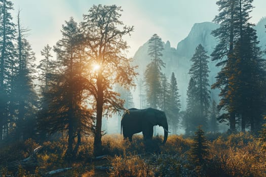 elephant in the forest, Wildlife background, silhouette elephant in the forest.
