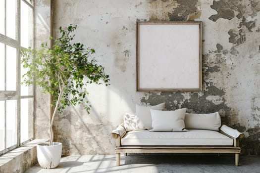 Mock up canvas poster on molding wall in minimal living room.