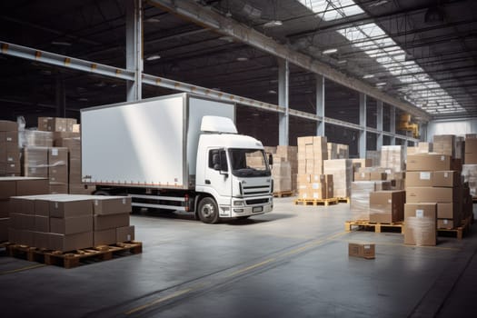 Delivery truck at warehouse for advertising, Delivery Van, Outside of Logistics Retailer Warehouse.