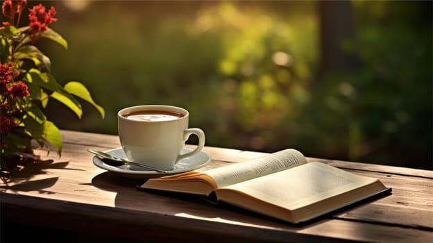 Decorative coffee cup and vase, open book, working space in nature, AI Generative.