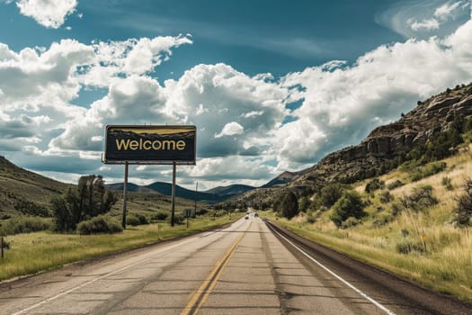 The word Welcome on road sign billboard, Welcome to Highway Road Sign.