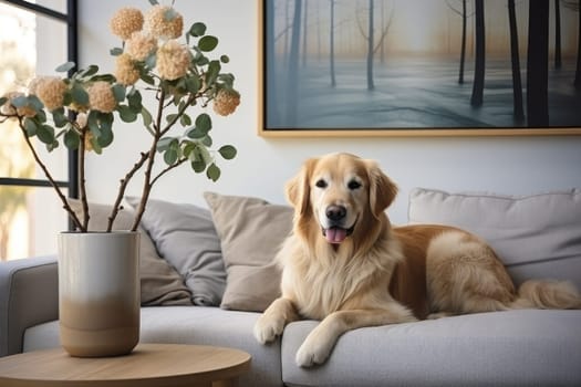 Pet on sofa, Modern living room interior, Cute Dog near couch, AI Generative.