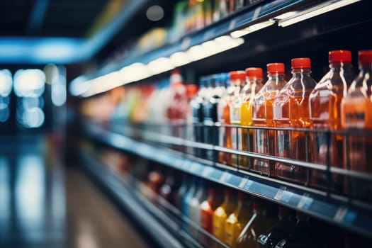 Abstract blurred supermarket shopping mall, supermarket aisle with colorful shelves, AI Generative.