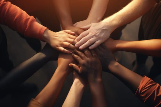 No room for racism, Many hands of different races and ethnicities. United for equality.