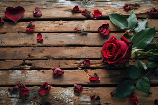 Rustic wooden background with a Valentine's theme with rose, Greeting card with copy space.