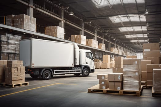 Delivery truck at warehouse for advertising, Delivery Van, Outside of Logistics Retailer Warehouse.