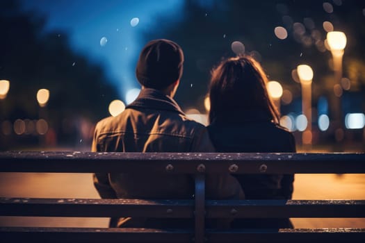 Couple in love sitting on a park bench, Romantic, holding hand, at night, AI Generative.