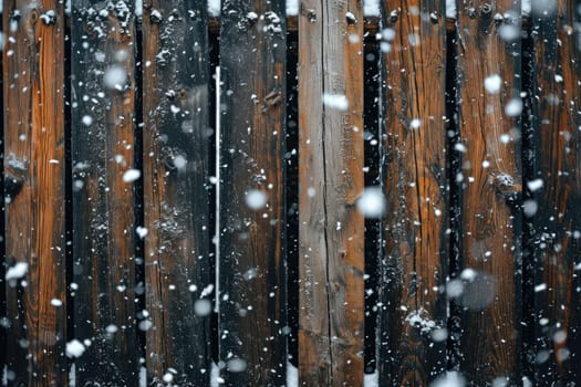 Rustic wooden background with a winter scene and many wooden slats with copy space.
