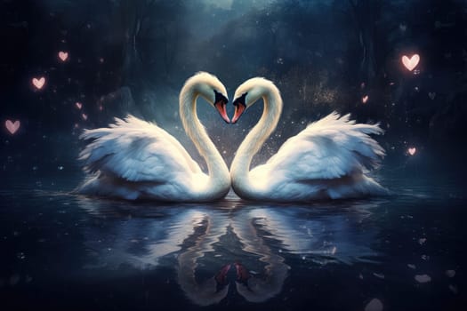 two beautiful swans on a lake shape heart, romantic swan during valentine's day, AI Generative.