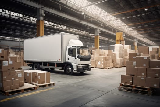 Delivery truck at warehouse for advertising, Delivery Van, Outside of Logistics Retailer Warehouse.