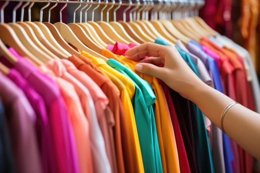 Close up of Female Hands Plucked Hanger Choosing Clothes in a Clothing Store, Generative AI.