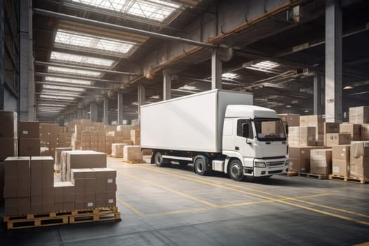 Delivery truck at warehouse for advertising, Delivery Van, Outside of Logistics Retailer Warehouse.