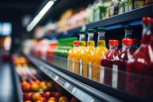 Abstract blurred supermarket shopping mall, supermarket aisle with colorful shelves, AI Generative.