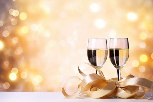 Two glasses of champagne with elegantly curved divine gift ribbon, bokeh background, AI Generative.