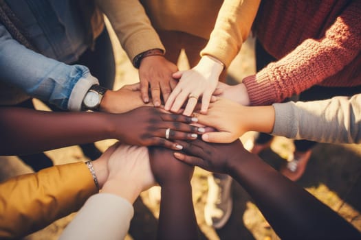 No room for racism, Many hands of different races and ethnicities. United for equality.
