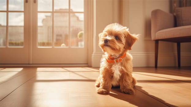 Portrait of Adorable Dog on the floor in modern room, AI Generative.