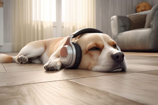 photo of a dog napping wearing earphone, comfortably lying on a floor, AI Generative.