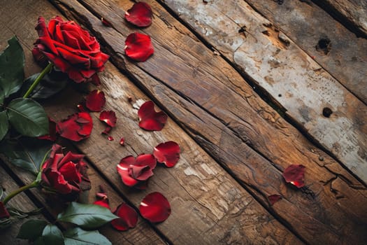 Rustic wooden background with a Valentine's theme with rose, Greeting card with copy space.