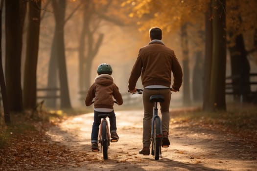 Rear view of a boy riding a bicycle whit his father next to him. AI Generative.
