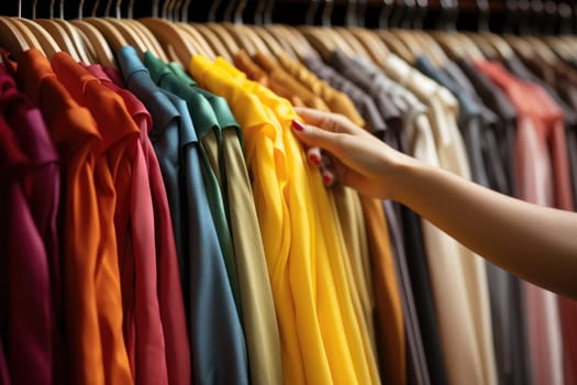 Close up of Female Hands Plucked Hanger Choosing Clothes in a Clothing Store, Generative AI.