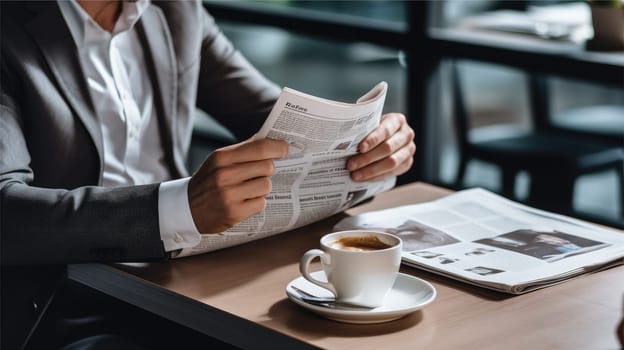 Man relaxing with coffee and newspaper, AI Generative.