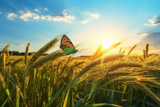 Early morning beautiful view of rice ears in a rice paddy and Guest On Paddy Field, AI Generative.