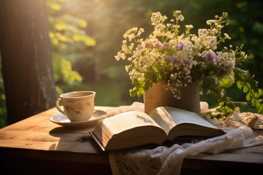 Decorative coffee cup and vase, open book, working space in nature, AI Generative.