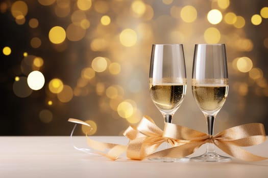 Two glasses of champagne with elegantly curved divine gift ribbon, bokeh background, AI Generative.