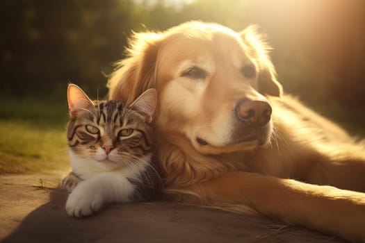 A dog and a cat lying down together, low angle shot, AI Generative.
