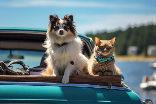 Happy dog and cat together in summer vocation travel, AI Generative.
