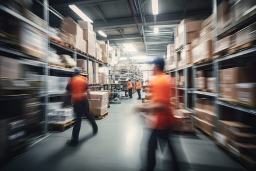 Blurred image of warehouse employees in action moving, AI Generative.