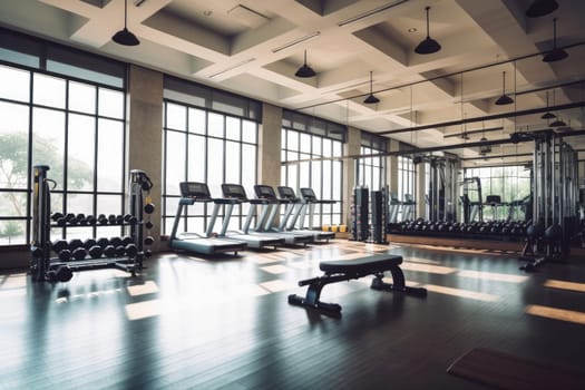 Modern light gym. Sports equipment in gym, AI Generative.