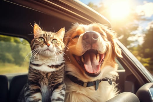 Happy dog and cat together in summer vocation travel, AI Generative.
